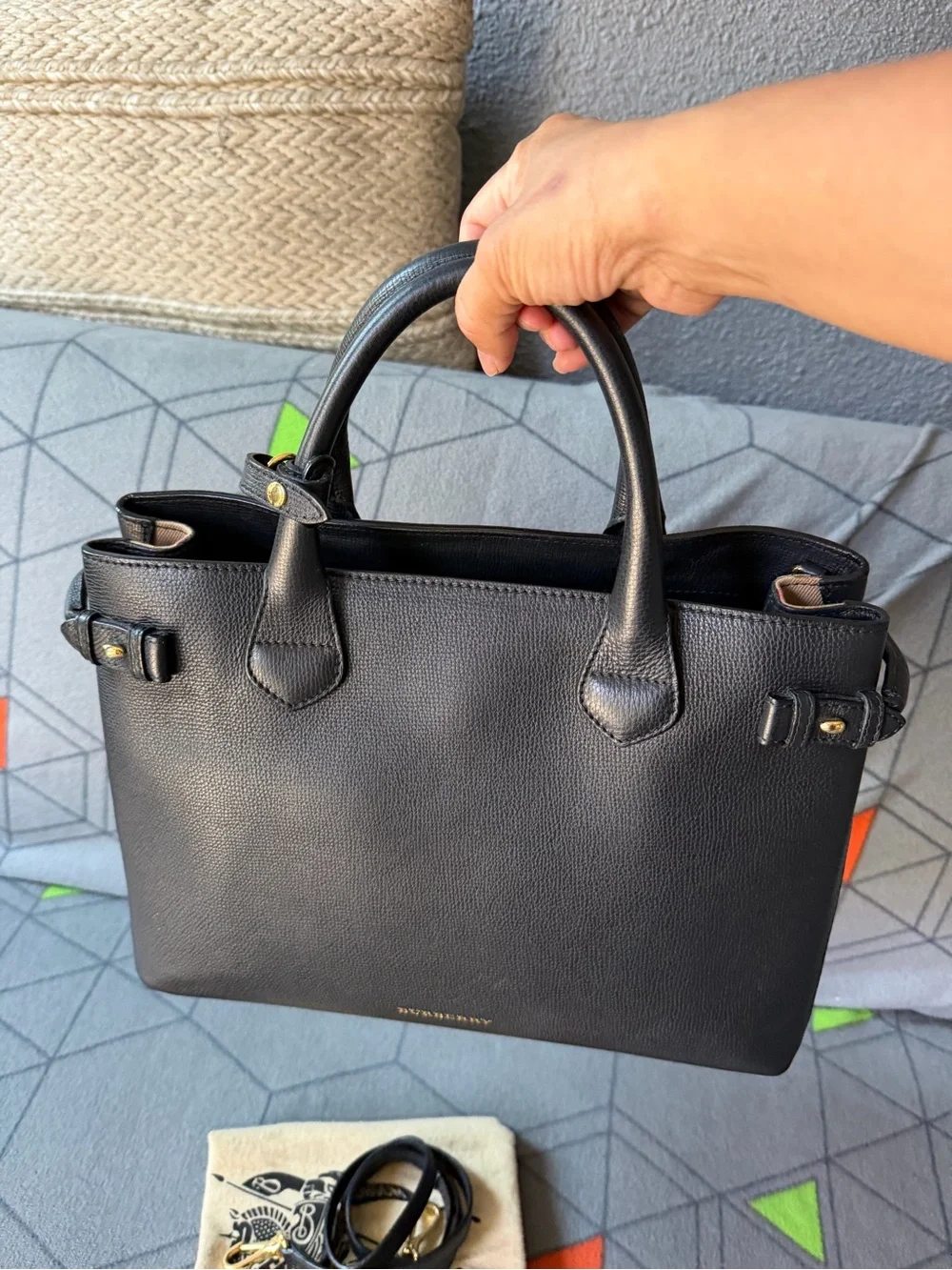 Burberry Black Leather Top-Handle Tote with long strap